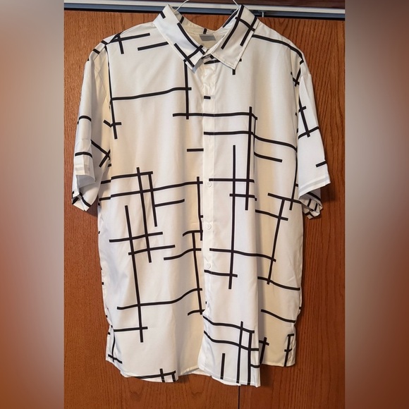 Men's Fashionable White and Black Geometric Casual Dress Shirt XXXL Polyester - Picture 1 of 9